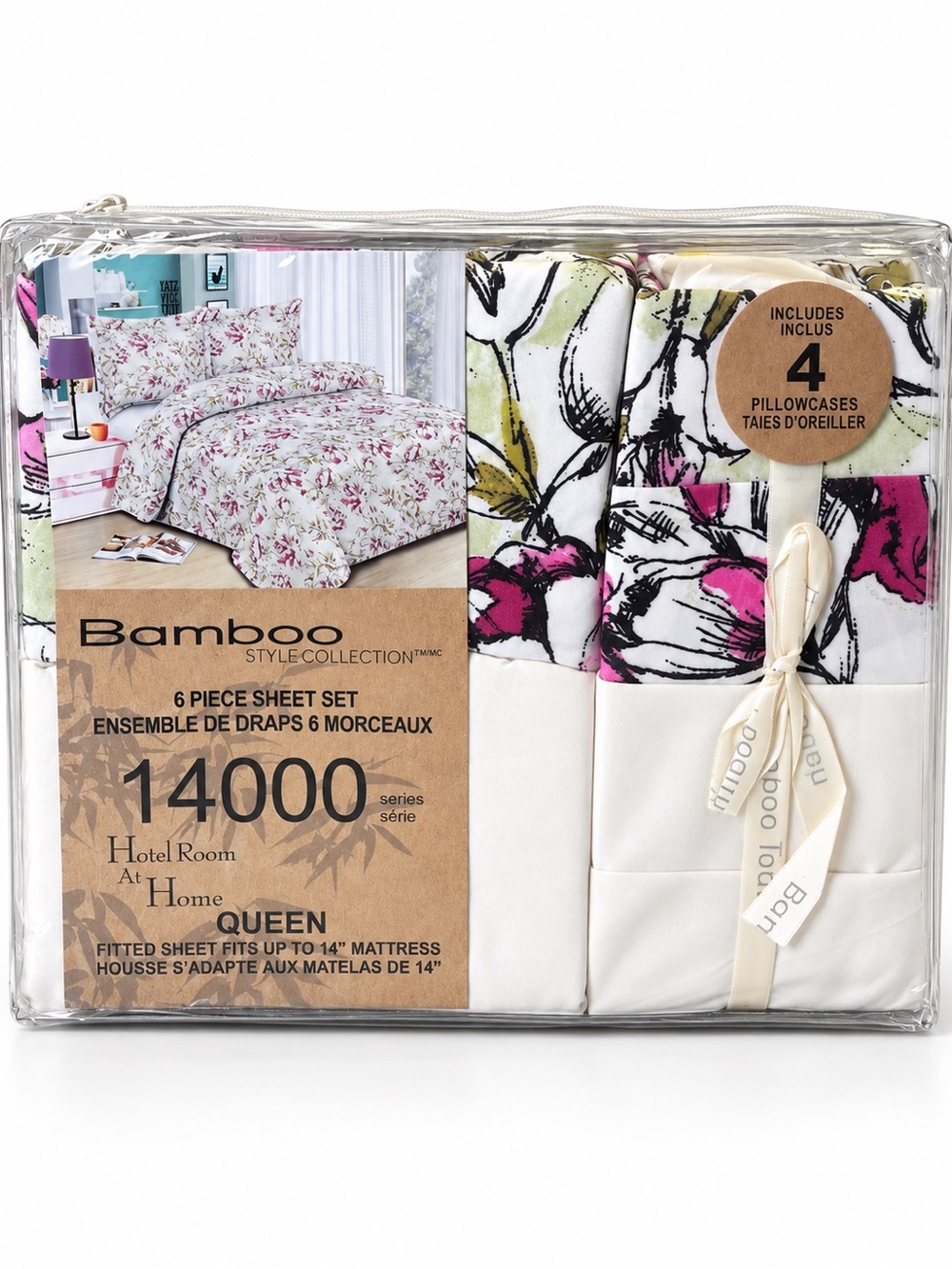 Queen Sheet Set - White with Pink & Green Floral Accents